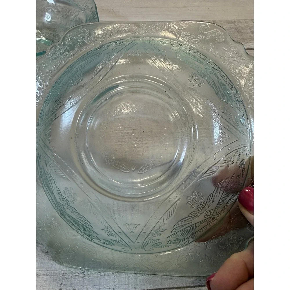 Vintage Aqua Teal Pressed Glass Square Bowl Floral Scroll Pattern Set Of 2 7in